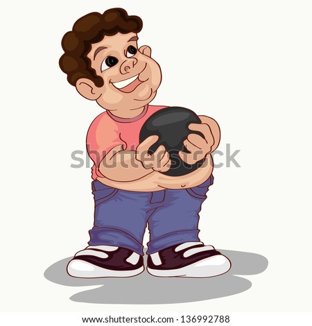 fat curly haired boy holding bawling ball