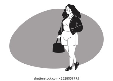 Fat curly woman with shopping bag. Body positive plus size cheerful female. Cartoon character. Grayscale vector illustration.