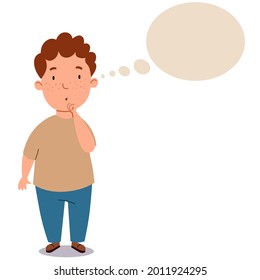 A fat curly-haired Boy in pants and a T-shirt. The child is thinking about an idea.