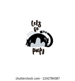 Fat cute cat. Flat hand drawn vector card with handwritten lettering quote - let's go party . Sketch kitten. Isolated cartoon illustration.