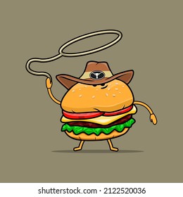 Fat And Cute Hamburger Illustration Wearing Cowboy Hat And Lasso String

