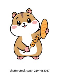  fat cute hamster is holding bread and an ear of wheat. vector illustration. cartoon. 