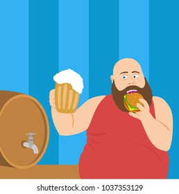 the fat, cute man was hungry and came to the bar to drink a glass of frothy, golden, refreshing beer from a barrel and eat a hamburger with meat, greens and cheese