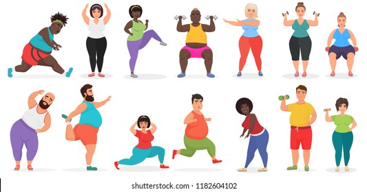 Fat Cute People Doing Fitness Exercise Training. Man And Woman Gym Workout Vector Illustration.