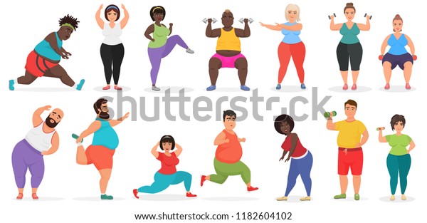 Fat Cute People Doing Fitness Exercise Stock Vector (royalty Free 