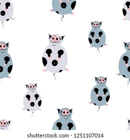 Fat cute pig seamless pattern. Flat hand drawn vector character. Sketch piggy. Cartoon illustration on white background.