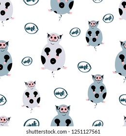 Fat cute pig seamless pattern. Flat hand drawn vector character. Sketch piggy with handwritten text in speech bubble - oink. Cartoon illustration on white background.