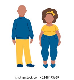 Fat dark skin couple. Funny cartoon personages in flat style for poster, banner, logo, icon, website. For family relations, body positive, racial issues, overweight, sport, modern people concept