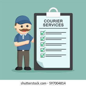 fat delivery man with courier services clipboard