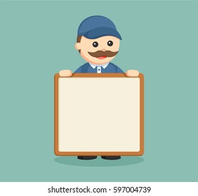 fat delivery man with empty board