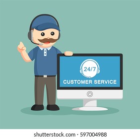 fat delivery man with pc customer service
