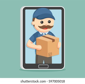 fat delivery man in tablet