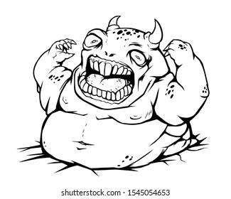 Fat demon stuck in the ground. Vector illustration of a big angry monster trying to get out of a hole in the floor.