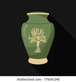 Fat design icons of urn for ashes. Cremation and funeral urn with dust. Vase with tree of life. Burial and dead man. Isolated. Vector illustration.