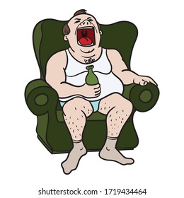 a fat disgusting man sits in an armchair with underwear, holds a beer in his hand and screams. domestic violence, comic.