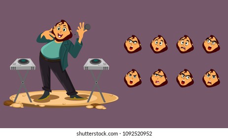 Fat Dj player playing Dj Music And Mixing Console with various expression. Flat Cartoon Illustration.