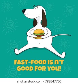 The fat dog eats fast food. Vector illustration. Caricature