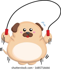 A fat dog playing jumping rope
