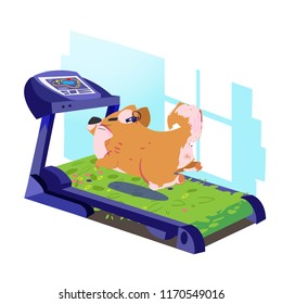 Fat Dog running on grass treademill. Reducing Diet for Fat Puppie - vector illustration - vector illustration