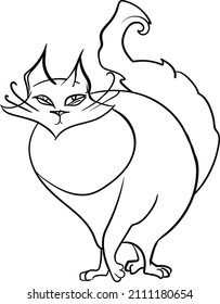 Fat domestic cat line drawing. Vector image for design. Funny pet sketch graphic. icon for business logo with a cat for a pet store, pet products. cartoon character for children's coloring book