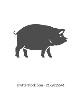 Fat domestic pig standing monochrome vintage icon black silhouette vector illustration. Big mammal farm animal organic meat market industrial eco friendly food production countryside rustic mascot