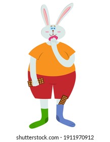 Fat Easter Bunny holding donut. Rabbit with chocolate. Vector cartoon illustration.