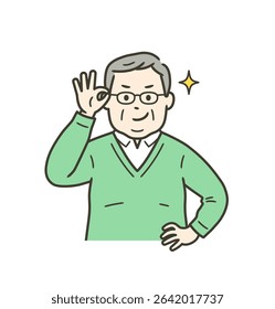 A fat elderly man pushing up his glasses and grinning with confidence