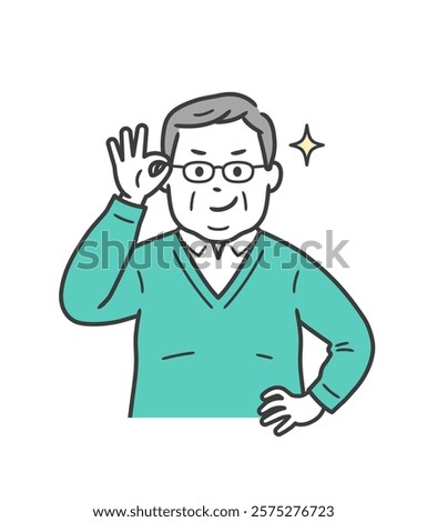 A fat elderly man pushing up his glasses and grinning with confidence