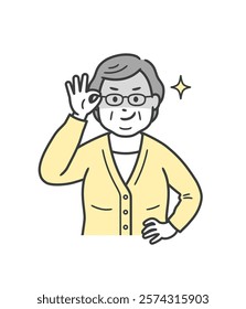 A fat elderly woman pushing up her glasses and grinning slyly