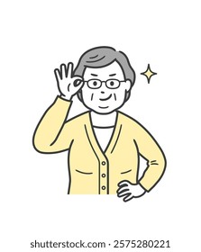 A fat elderly woman pushing up her glasses and grinning with confidence