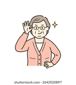 A fat elderly woman pushing up her glasses and grinning with confidence