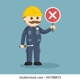 fat electrician with crosswise sign