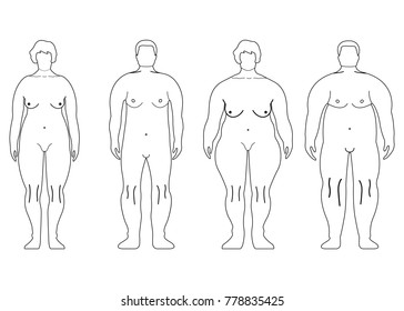 Fat European Women and Man. Outline style. Human front side Silhouette. Isolated on White Background. Vector illustration.