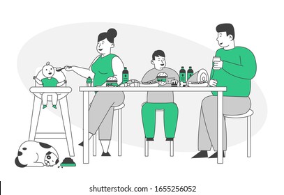 Familias grasas comiendo comida poco saludable con alto nivel de carbohidratos. Madre, padre e hijos sentados en la mesa con panadería, comida rápida y carne, Perro grueso duerme en el piso Dibujo Vector plano Ilustración Lineal