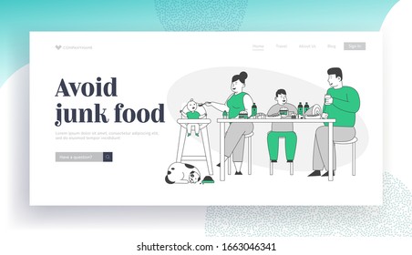 Fat Family Eating Unhealthy Food Website Landing Page. Mother, Father and Kids Sitting at Table with Bakery, Fastfood and Meat Dining Web Page Banner. Cartoon Flat Vector Illustration, Line Art