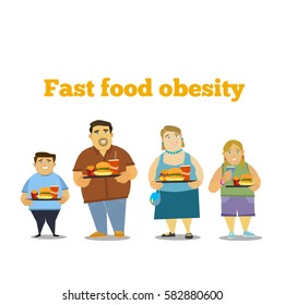 The fat family. The problem with excess weight due to wrong diet. Fast food obesity. Vector illustration of flat design.