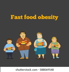 The fat family. The problem with excess weight due to wrong diet. Fast food obesity. Vector illustration of flat design.