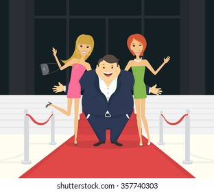 Fat famous man with his thin girlfriends on the red carpet as celebrities. Flat conceptual illustration of superstar and celebrity persons going to the luxury event