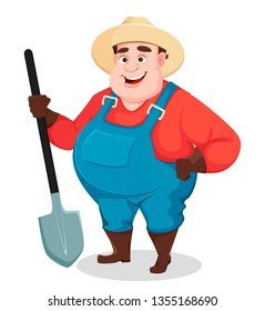 Fat farmer, agronomist. Funny gardener man cartoon character holding shovel. Vector illustration isolated on white background