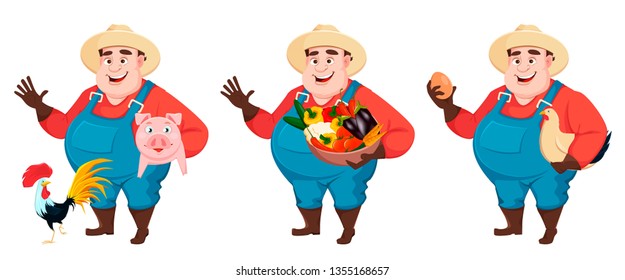 Fat farmer, agronomist, set of three poses. Funny gardener man cartoon character holding pig, holding vegetables and holding chicken and egg. Vector illustration