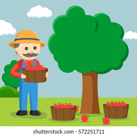 fat farmer harvesting apple tree
