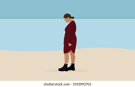 Fat female character in dress and boots walking on the beach