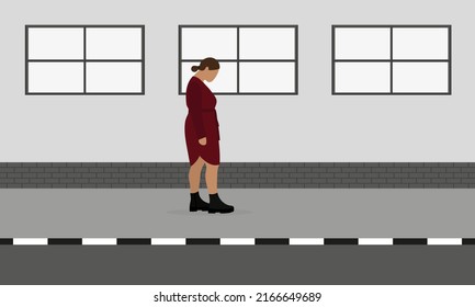 Fat female character with head down walking on sidewalk on white background