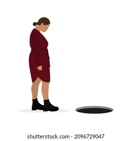 Fat female character looking at open hatch on white background