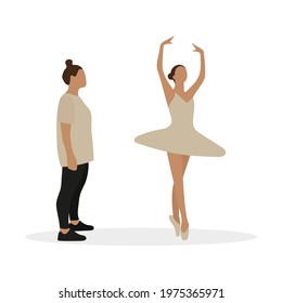 Fat female character in sportswear looks at a dancing ballerina on a white background