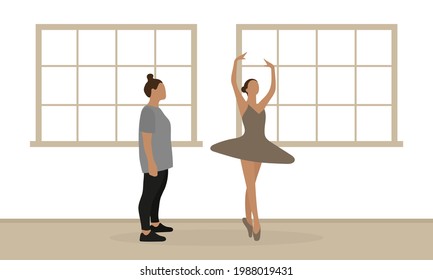 Fat female character in sportswear looks at a dancing ballerina