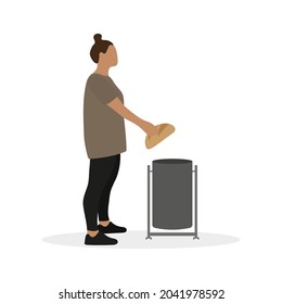 Fat female character in sportswear throws bread in trash can on white background