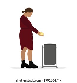 Fat female character throwing bun in trash can on white background