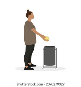 Fat female character throwing bun in trash can on white background