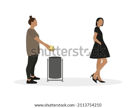 Fat female character throwing a bun into the trash while looking at a slim female character on a white background
